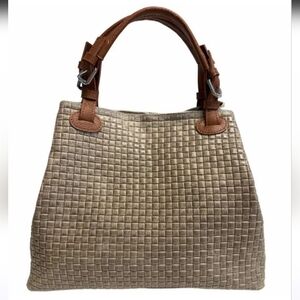 Taupe And Tan Handles Italian Artisanal Tote With Long Strap